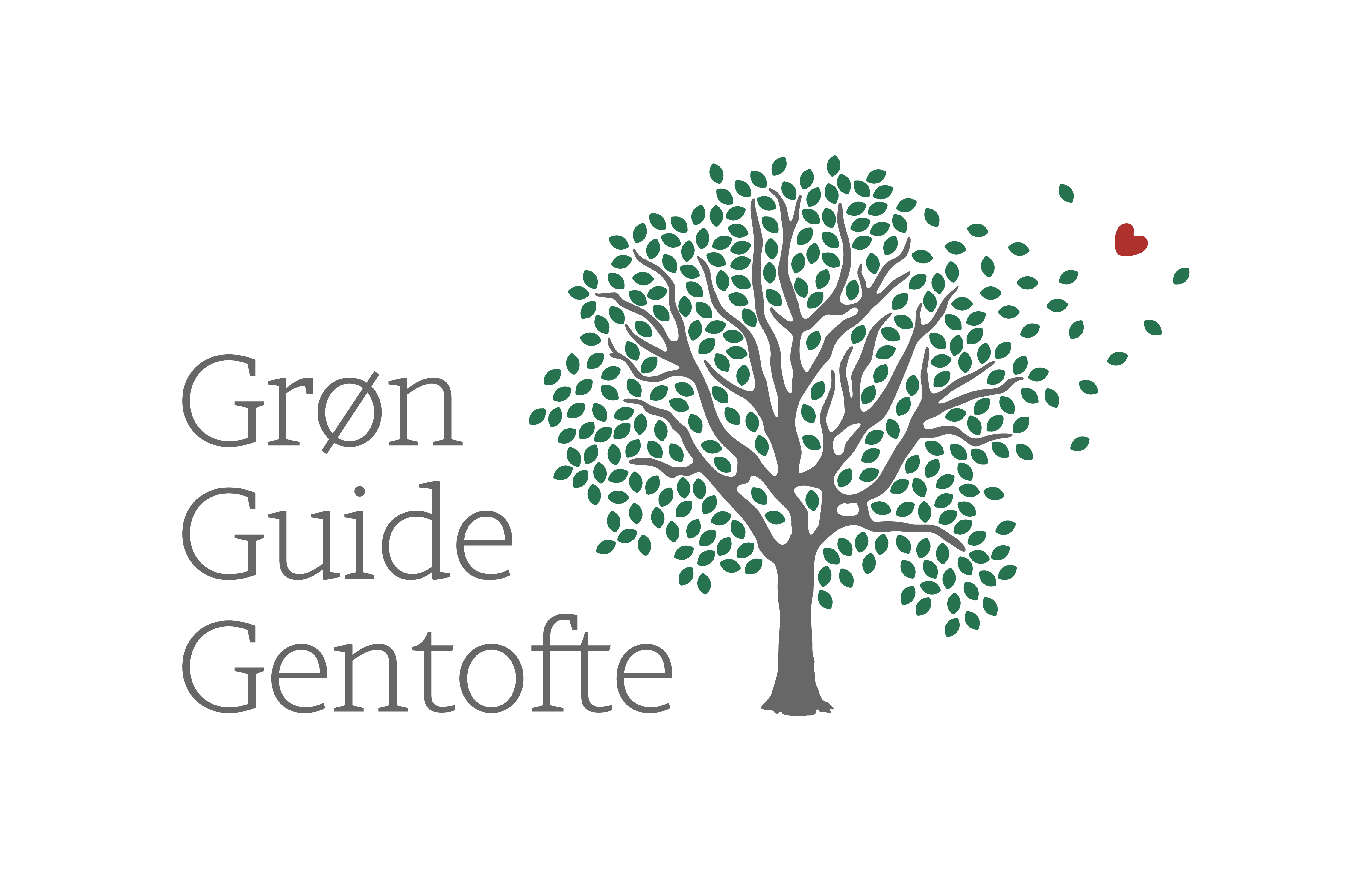 Logo med tegning af et egetræ med flyvende grønne blade og et rødt hjerte